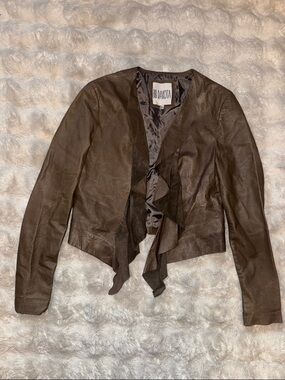 BB Dakota Brown Ruffle-Front. 100% Leather Jacket